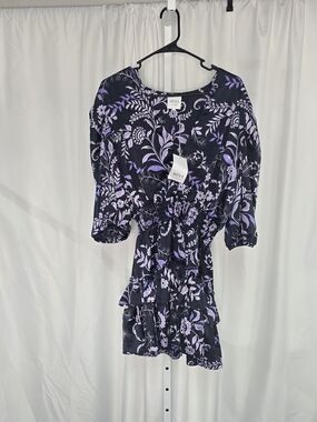 Misa Los Angeles Black & Lavender Floral Tiered Dress Summer Mini XL NWT